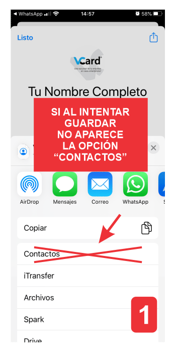 Si al momento de intentar guardar el contacto, No aparece la opción Contactos